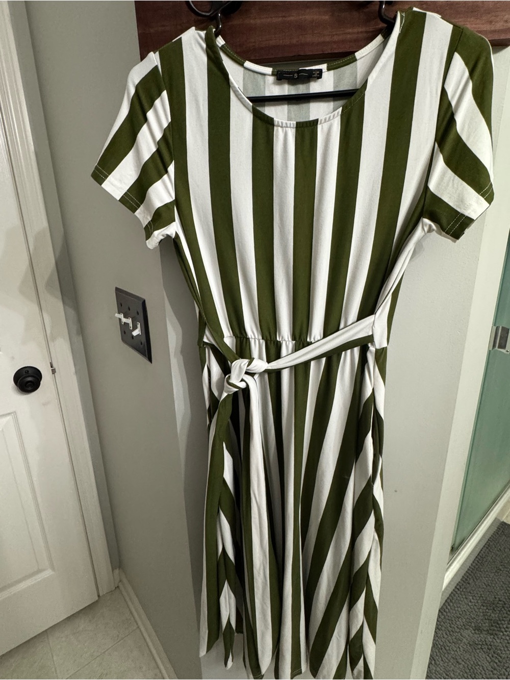 Olive Green and White Striped Belted Midi Dress